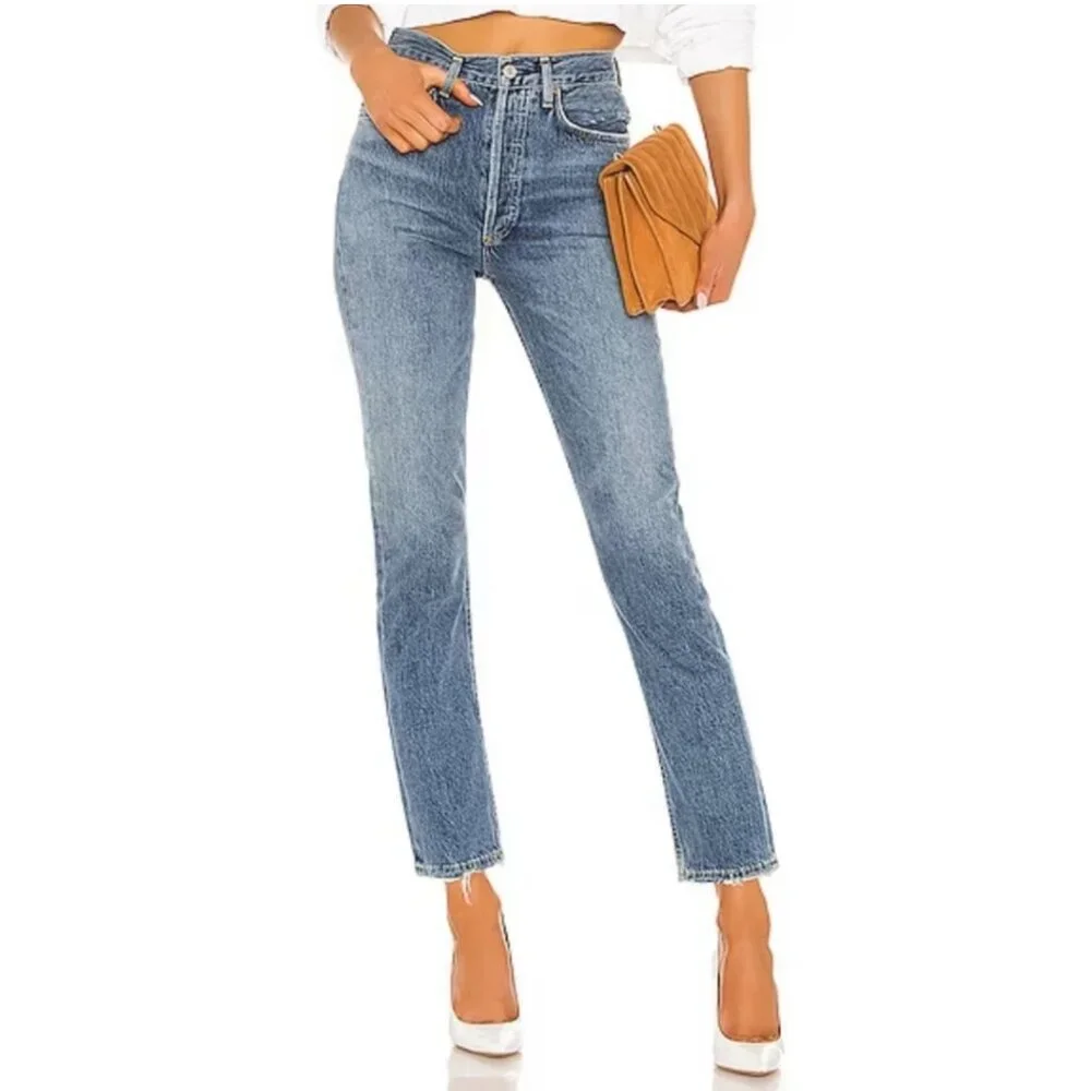 Agolde Riley High Rise Straight Leg Crop Slim Skinny Moore Blue Denim Jeans 25